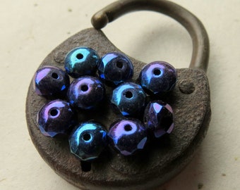 New BLUE IRIS RONDELLES . 25 Czech Picasso Glass Beads . 7 mm by 4 mm . Supplies for Jewelry Making