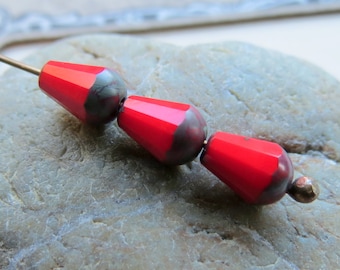 10 Red Picasso Czech Glass Teardrop Beads: 8mm Jewelry Supplies