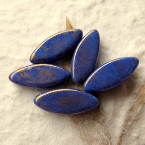 BRONZED INDIGO PETALS . 6 Czech Table Cut Spindle Beads . 18 mm by 7 mm beads .  Supplies for Jewelry Making
