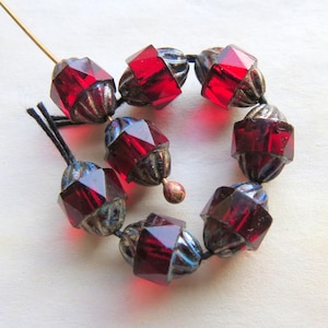 BRONZED RUBY TURBINES . 10 Czech Faceted Glass Beads . 10 by 8 mm beads . Supplies for Jewelry Making