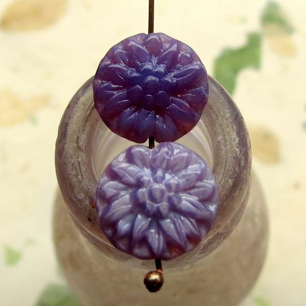 PURPLE OPAL DAHLIAS . 6 Czech Glass Flower Beads . 14 mm beads . Supplies for Jewelry Making