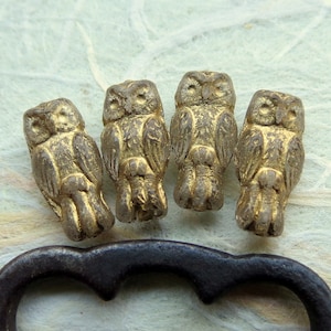 GOLDEN CRYSTAL OWLZ .  Czech Glass Beads (10 beads) 15 by 7 mm . Supplies for Jewelry Making
