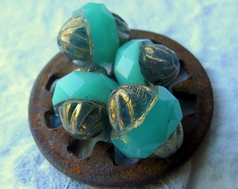 BRONZED TEAL TURBINES . 6 Czech Faceted & Metallic Glass Beads . 11 mm by 10 mm .  Supplies for Jewelry Making