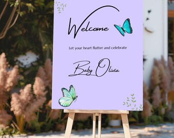 Butterfly Baby Shower Invitation Bundle with Editable Welcome Sign and Thank You Cards, Diaper Raffle