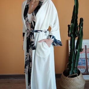 White kimono robe, cotton viscose print fabric, free size, perfect for gift, honeymoon lounge, beach wear, lounge wear, bridesmaid gift
