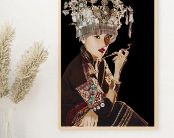 モン族の現代女性のウォールアートプリント、アジア人女性のポートレート、文化的な室内装飾、モン族のアート、民族的なウォールアート、マットポスター