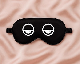 Funny Eyes zacht satijn zwart slaapmasker met witte vinylprint naar keuze - grappig oogmasker - speelse blinddoek - cadeaus slaperig meisje