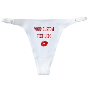 Your Custom Text Ladies Sexy Personalised White Thong With Red Vinyl - Personalised Panties - Naughty Gifts - Fetish - Kinky - Sexy G-String