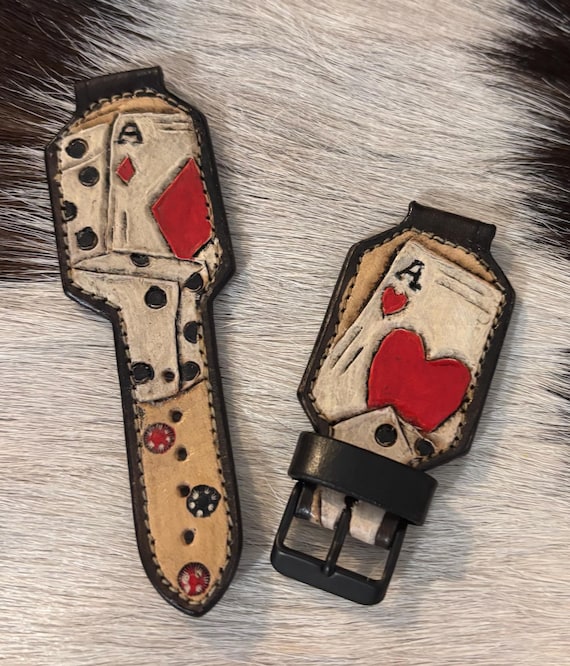 Hand Crafted and tooled authentic leather watch band. Cards and Dice.