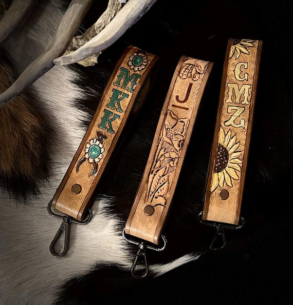 Custom Leather Handcrafted and Tooled Leather Key Chain with initials and a choice of design.
