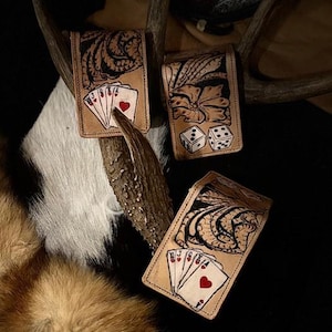 1 billetera con clip para dados y cartas para hombre, hecha a mano en cuero