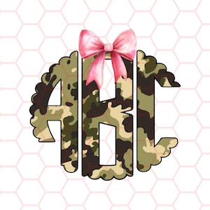 Camo Monogram PNG: Pink Bow, Custom Letters (Digital Download)