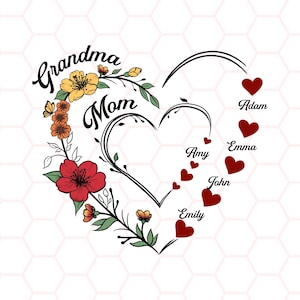 Nonna personalizzata PNG, Cuore della nonna PNG, Maglietta della nonna con il nome dei nipoti, Regalo per la nonna, Festa della mamma PNG, Nonna personalizzata PNG