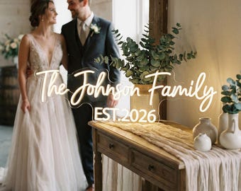 Letrero de neón personalizado con apellido y año EST: decoración de neón de lujo para bodas