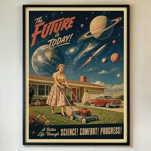 Könnte beinhalten: Ein gerahmtes Poster mit einer Retro-Illustration einer Person, die vor einem Haus den Rasen mäht. Der Himmel zeigt Planeten, eine Rakete und den Text: The FUTURE is TODAY! A Better Life Through SCIENCE! COMFORT! PROGRESS!