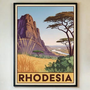 Rhodesia Vintage Travel Poster – African Safari Landscape Wall Art, Retro Zimbabwe River Mountain Prints, Savanna Decor Gift FRAMED/UNFRAMED
