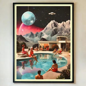 Retro Sci Fi Pool Party Poster – Vintage Surreal Space Collage Art, Midcentury Cosmic Disco Wall Decor, Funky UFO Gift Print FRAMED/UNFRAMED