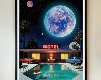 Retro Space Motel-poster – vintage scifi-reiskunst, surrealistische kosmische zwembadafdruk, esthetiek uit het midden van de eeuw, neon nachtdecor INGELIJST/INGELIJST
