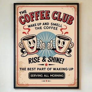 コーヒークラブ 漫画ポスター レトロ ウォールアートプリント キッチンやダイニング用 面白いヴィンテージカフェサイン 朝の目覚めの装飾 フレーム付き/フレームなし