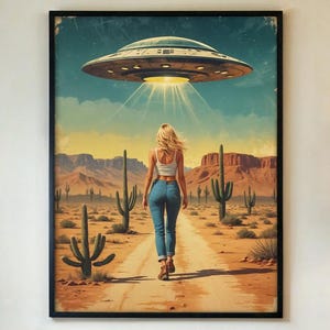 Trampen UFO Poster, Retro Sci-Fi Alien Entführung Wand Kunst Druck, Vintage Wüsten Weltraum Szene Dekor für Haus oder Büro, gerahmt / ungerahmt