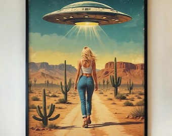 Hitchhiking UFO Poster, Retro Sci-Fi Alien Abduction Wall Art Print, Vintage Desert Space Scene Decor for Home or Office, Framed/Unframed