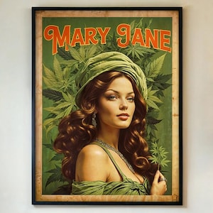 Póster de Mary Jane, impresión artística retro de cannabis para pared, decoración vintage de marihuana para el hogar o dispensario, obra de arte bohemia para habitación de fumetas, con o sin marco.