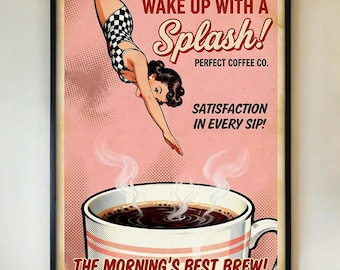 Coffee Diver poster – retro keuken muurkunst, vintage jaren 50 reclameprint, roze pop-art diner decor, cadeau espresso barista INGELIJST/INGElijst