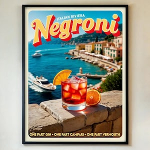 Koktajl Negroni Art Print, Włoski plakat podróżniczy Vintage Riviera, Dekoracja ścienna do baru retro, Klasyczne dzieło sztuki kuchennej Aperitivo, OPRAWIONE/NIEOPRAWIONE