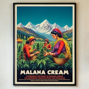 Póster de crema Malana, impresión artística retro de hachís indio, decoración vintage de viaje con marihuana del Himalaya, obra de arte psicodélico de cannabis, con o sin marco.