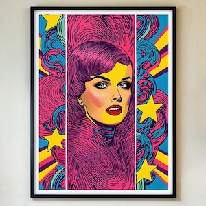 Pop Art Woman Poster – Retro 1960s Fashion Wall Art Print, Bold Colorful Feminine Portrait, Vibrant Glam Decor for Home, FRAMED/UNFRAMED