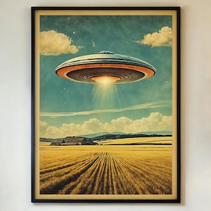 Stampa poster UFO su fattoria - Arte murale retrò fantascientifica aliena, rapimento di astronavi vintage, decorazione spaziale extraterrestre, con/senza cornice
