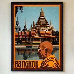 May include: A framed travel poster depicting a temple complex in Bangkok, Thailand. The poster has a vintage aesthetic with orange, brown, and blue hues. The word "BANGKOK" is boldly printed across the bottom.