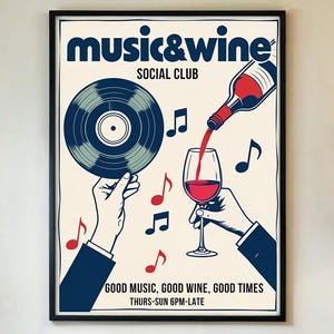 Poster Music & Wine Social Club – Retro vinylafdruk, decor coole barlounge, vintage muurkunst voor muziekliefhebbers wijndrinkers INGELIJST/INGEMAAKT