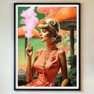 Poster artistico surreale con funghi psichedelici – Stampa da parete retrò fantascientifica con donna vintage in un paesaggio da sogno fantasy, regalo per fumatori, con/senza cornice