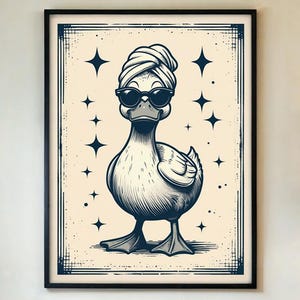 Stampa di un'anatra carina, divertente decorazione murale retrò con animali, occhiali da sole e asciugamano, originale illustrazione decorativa per il bagno o il lavabo, con/senza cornice.