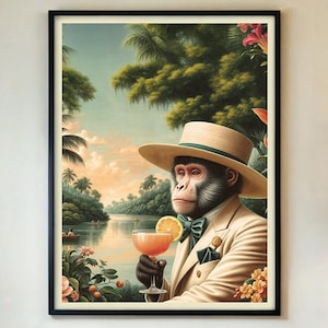May include: Framed art print featuring a dapper chimpanzee in a cream-colored suit, bow tie, and straw hat, holding a cocktail with an orange slice. The background depicts a tropical landscape with a river and lush greenery.