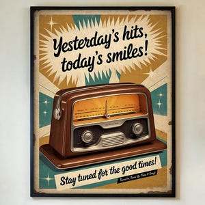 Puede incluir: Impresión enmarcada de estilo vintage con una radio marrón y un dial amarillo. La impresión tiene el texto "Yesterday's hits, today's smiles!" y "Stay tuned for the good times!" en un diseño retro con un marco negro.
