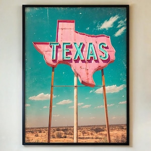 Póster de letrero retro de Texas, impresión artística de pared de viaje por carretera en el desierto vintage, fotografía americana del suroeste, decoración rosa del oeste, con o sin marco