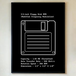 Op de afbeelding: Zwart ingelijste print met een witte lijntekening van een 3,5-inch diskette. Tekst: "3.5-inch Floppy Disk MFM" en technische specificaties. Afmetingen: 8,89 cm x 8,89 cm x 0,32 cm.