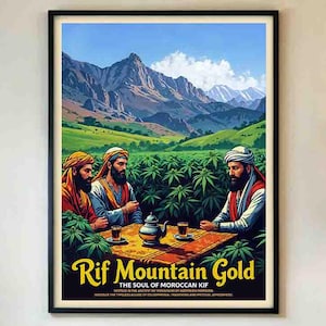 May include: A framed art print with a colourful illustration of three men seated at a table, set against a backdrop of mountains and greenery. The artwork includes the text "Rif Mountain Gold" and depicts a scene with a teapot and cups.