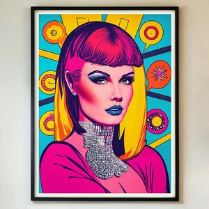 Poster Pop Art Atomic Girl - Stampa artistica da parete in stile retrò anni '60, illustrazione colorata di una diva glamour, decorazione di bellezza vintage audace. CON CORNICE/SENZA CORNICE