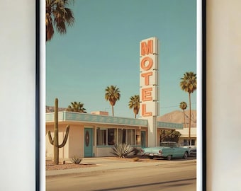 Retro-Motel Poster - Vintage Palm Springs Wand Kunst Druck, Midcentury Desert Roadside Route 66 Dekor, 1950er Jahre Americana Stil, GERAHMT / UNGERAHMT