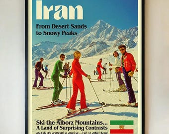 Pre-Revolution Iran Ski Poster – 1970s Retro Persian Travel Wall Art Print, Alborz Mountains, Tehran Winter Sports Fashion, FRAMED/UNFRAMED