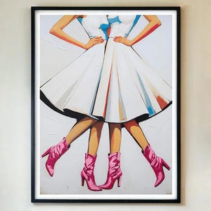 Poster con stivali da cowboy rosa – Stampa artistica da parete retrò western di donne in abiti bianchi, dipinto di moda vintage da cowgirl con cornice/senza cornice