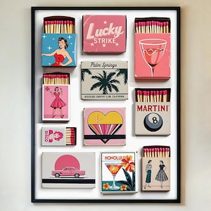 Plakat Vintage Matchbox – dekoracja ścienna w stylu retro pop-art w kolorze różowym, w stylu preppy midcentury do baru, salonu lub pokoju w akademiku, OPRAWIONY/BEZ RAMY