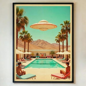 Póster retro de fiesta en la piscina con ovnis: impresión de arte mural de ciencia ficción vintage, decoración surrealista del desierto de Palm Springs para el hogar, salón o bar, con o sin marco.