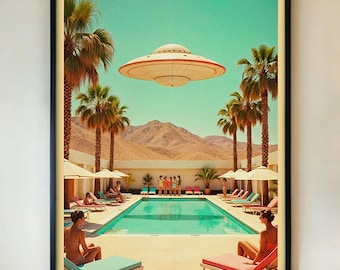 Retro UFO Pool Party Poster – Vintage Sci-Fi Wall Art Print, Palm Springs Desert Surrealism Decor for Home, Lounge or Bar, FRAMED/UNFRAMED
