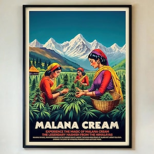 Malana Cream Poster - Vintage Indian Hashish Art, Retro Himalayan Weed Print, Psychedelic Cannabis Decor, Stoner Present FRAMED/UNFRAMED