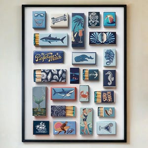 Vintage Matchbox Collage Poster – Retro Nautical Wall Art Print, Coastal Beach House Decor, Ocean Theme Gift, Surfer Style, FRAMED/UNFRAMED