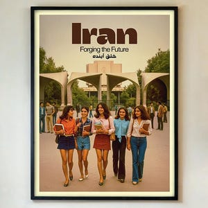 May include: A framed poster with the word "Iran" in brown letters at the top. Below, the text reads "Forging the Future" and a line of Farsi text. The image shows five women walking towards the viewer, holding books, in front of a university building.
